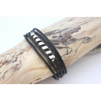 Bracelet homme cuir noir et spiral argent