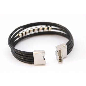 Bracelet homme cuir noir et spiral argent