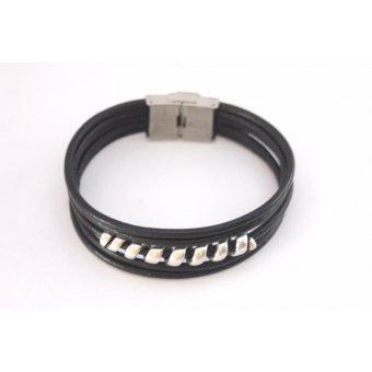 Bracelet homme cuir noir et spiral argent