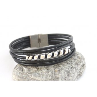 Bracelet homme cuir noir et spiral argent
