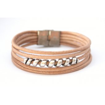 Bracelet cuir naturel marron clair et spiral argent