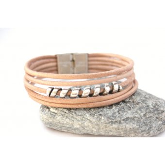 Bracelet cuir naturel marron clair & spiral argent