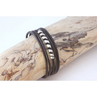 Bracelet cuir homme marron et acier