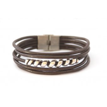 Bracelet homme cuir marron et spiral argent