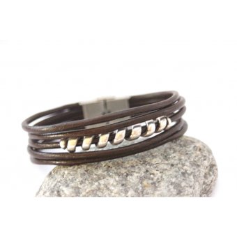 Bracelet homme cuir marron et spiral argent