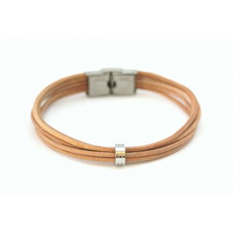 Bracelet cuir naturel marron clair et perle acier