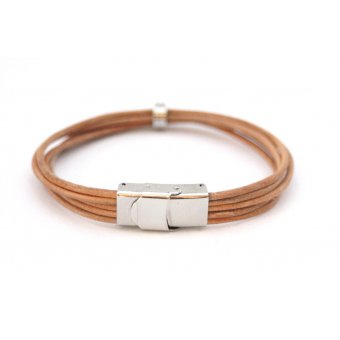 Bracelet cuir naturel marron clair et perle acier