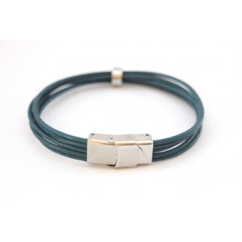 Bracelet cuir bleu pétrole et perle acier