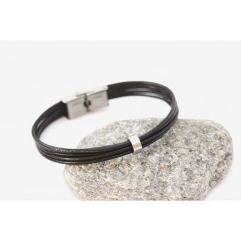 Bracelet homme en cuir noir et perle acier