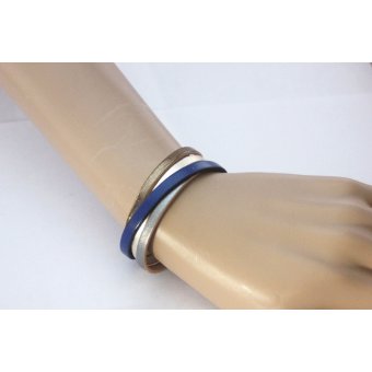 Bracelet manchette cuir métallisé et cuir bleu 