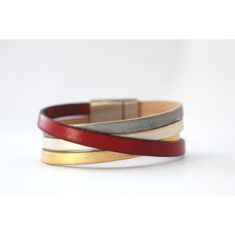 Bracelet manchette cuir mÃ©tallisÃ© et cuir rouge 