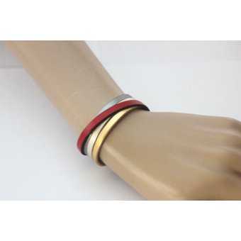 Bracelet manchette cuir métallisé et cuir rouge 