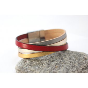 Bracelet manchette cuir métallisé et cuir rouge 