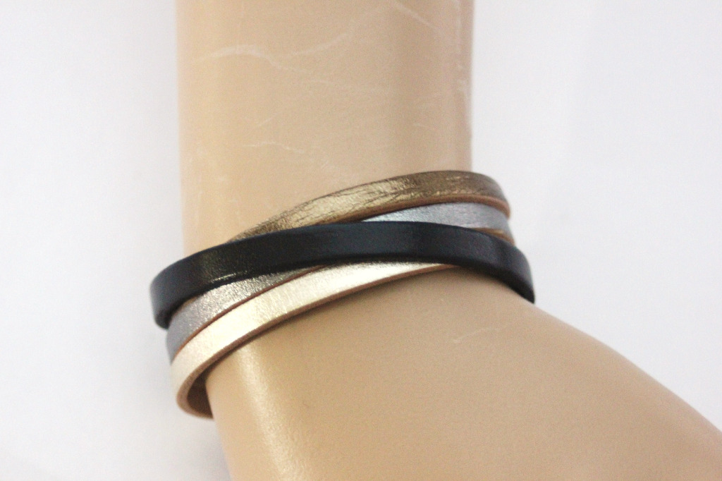 Bracelet manchette cuir métallisé et cuir noir