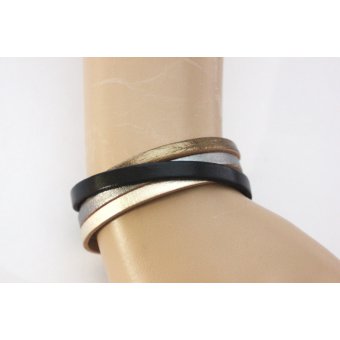 Bracelet manchette cuir mÃ©tallisÃ© et cuir noir