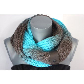 Snood laine turquoise et taupe lacet en cuir taupe