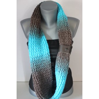 Snood laine tricotÃ© main turquoise et taupe