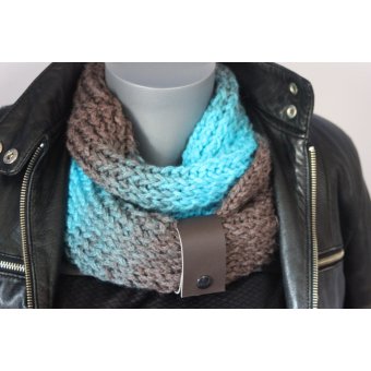 Snood laine turquoise et taupe lacet en cuir taupe