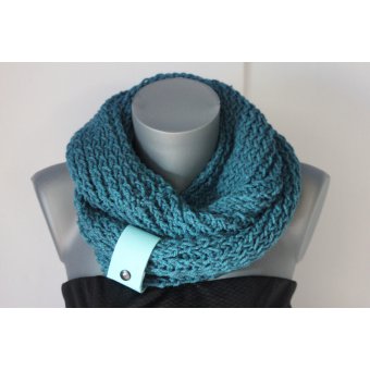 Snood laine bleu canard et lacet cuir turquoise