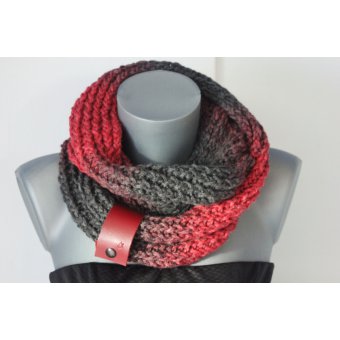 Snood laine rouge et gris acier lacet cuir rouge