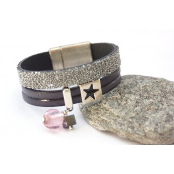 Bracelet manchette cuir gris et cuir caviar argent