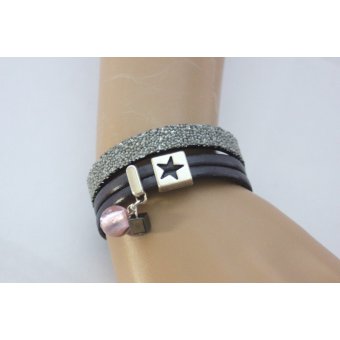 Bracelet manchette cuir gris et cuir caviar argent