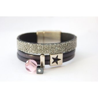 Bracelet manchette cuir gris et cuir caviar argent