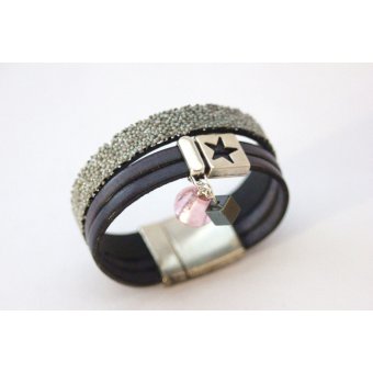 Bracelet manchette cuir gris et cuir caviar argent
