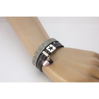 Bracelet manchette cuir gris et cuir caviar argent