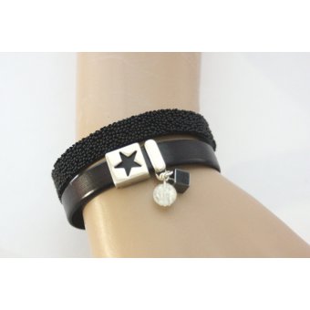 Bracelet manchette cuir noir et cuir caviar noir