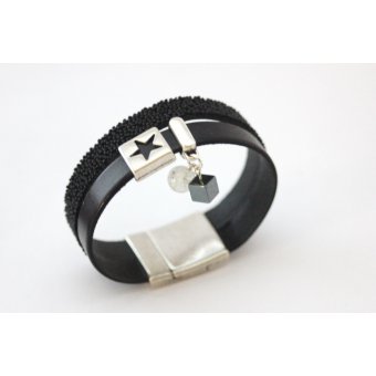 Bracelet manchette cuir noir et cuir caviar noir