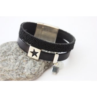 Bracelet manchette cuir noir et cuir caviar noir