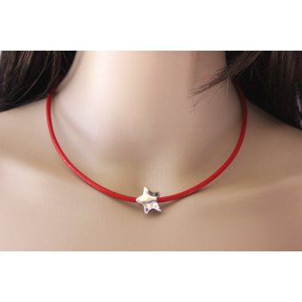 Collier cuir rouge perle Ã©toile en mÃ©tal argentÃ©