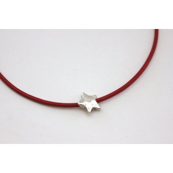 Collier cuir rouge perle étoile en métal argenté