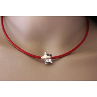 Collier cuir rouge perle étoile en métal argenté