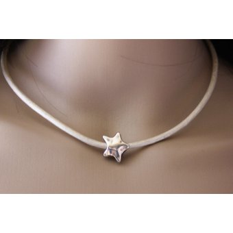 Collier cuir blanc perle étoile en métal argenté