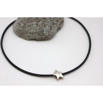 Collier cuir noir perle Ã©toile en mÃ©tal argentÃ©