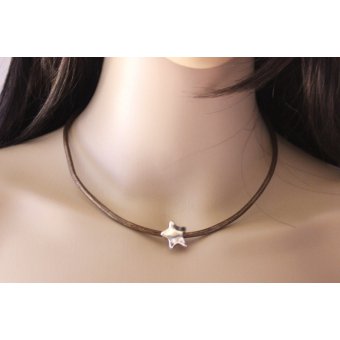 Collier cuir bronze perle Ã©toile en mÃ©tal argentÃ©