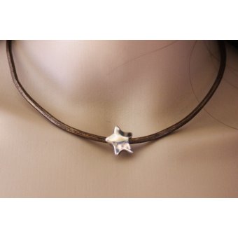Collier cuir bronze perle étoile en métal argenté