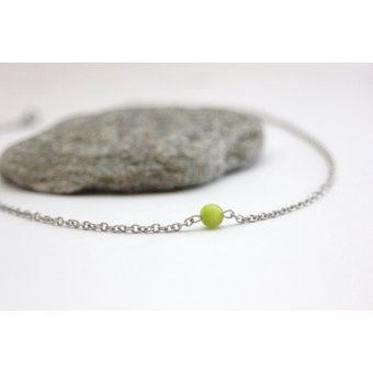 Collier acier et perle oeil de chat vert anis