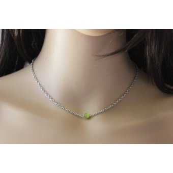 Collier acier et perle oeil de chat vert anis