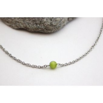 Collier acier et perle oeil de chat vert anis