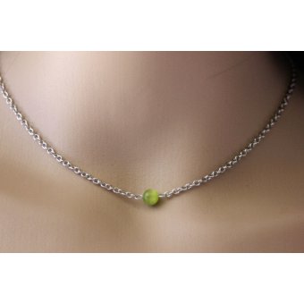 Collier acier et perle oeil de chat vert anis