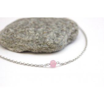 Collier acier et perle oeil de chat rose pastel