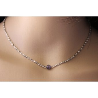 Collier acier et perle oeil de chat mauve