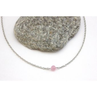 Collier acier et perle oeil de chat rose pastel