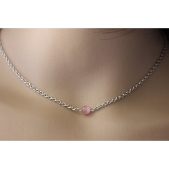 Collier acier et perle oeil de chat rose pastel