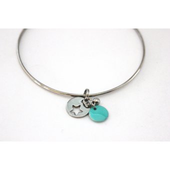 Bracelet jonc en acier et breloques vert aqua