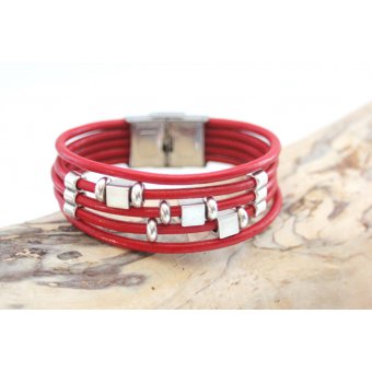 bracelet cuir rouge et perles argent 