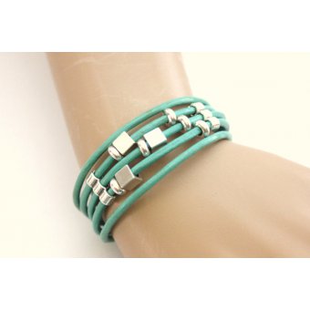 bracelet cuir bleu turquoise et perles argent 